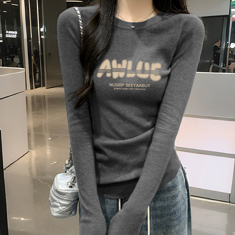高级感灰色纯棉长袖t恤女内搭打底衫秋冬季修身显瘦正肩韩系上衣|undefined