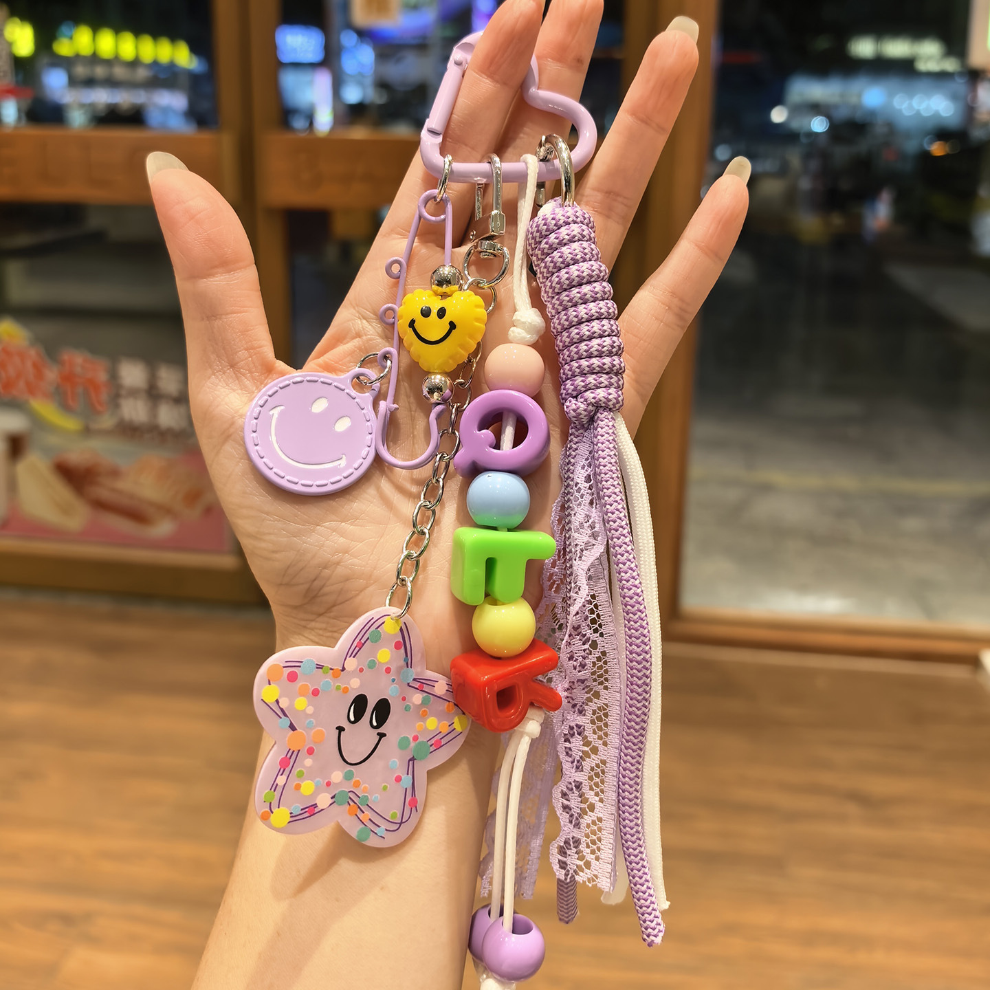 귀여운 별 스마일 키링 컬러 영문 비즈 태슬 레이스 체크 여성 가방 장식