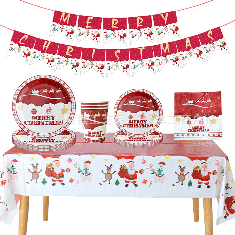Christmas Decorative Paper Plate Tissue Paper Cup Christmas Disposable Tableware suit Tablecloth Red Dinner Plate Party Supplies