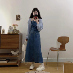大きいサイズの婦人服のレトロなサスペンダーのデニムのベストの高い腰の半身のスカートの女性のセットのニットのカーディガン