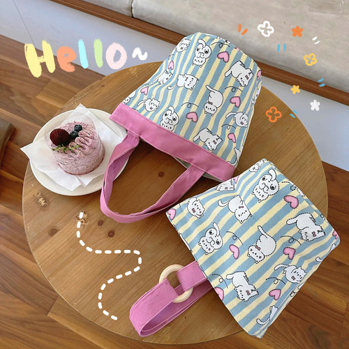 Original Design Instagram Cute Cartoon Illustration Hand-Tied Wooden Ring Water Bucket Mama Bag Colorful Contrast Student Bento Lunch Box Bag