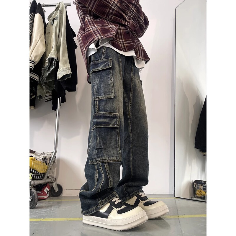 Washed Tooling Jeans Men's Straight Tube Loose Wide Leg American Style High Street Pants Trendy Brand Retro Pocket Design