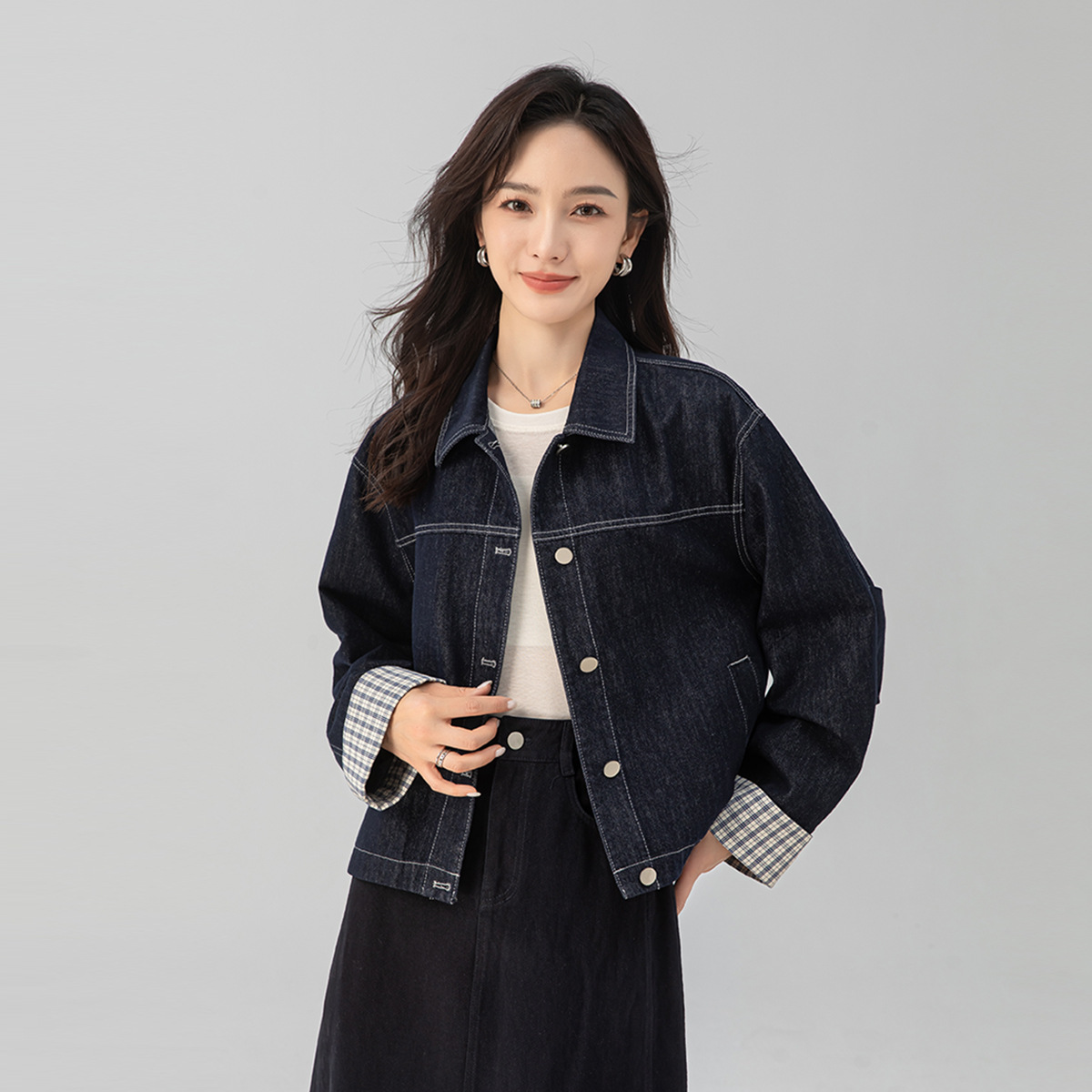 秋装复古格子拼接袖口牛仔短外套女长袖落肩宽松休闲夹克上衣