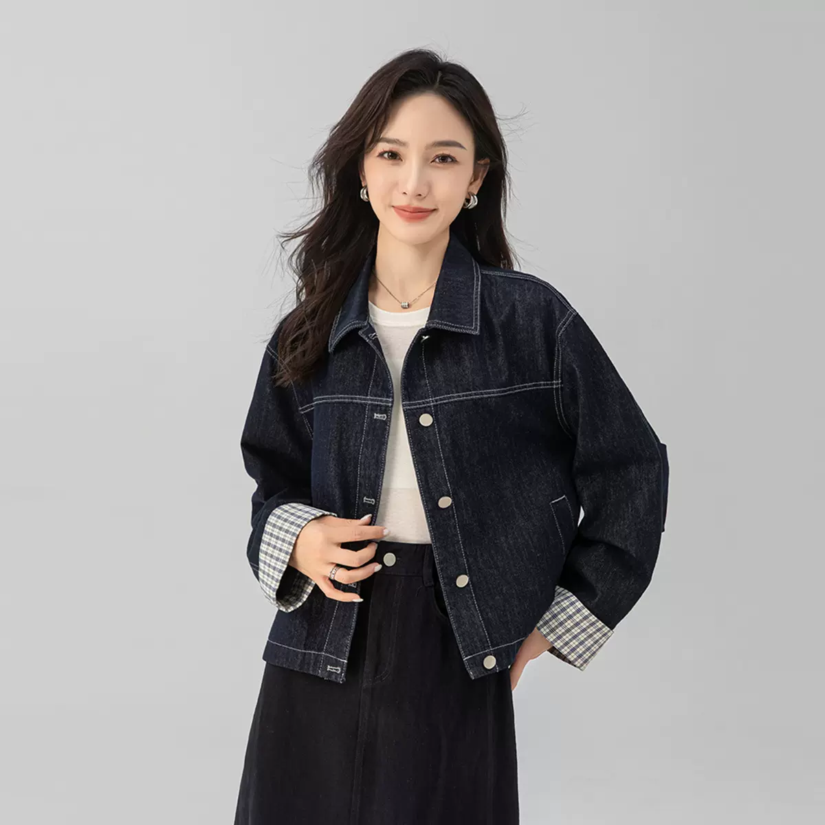 鑫阁秋装复古格子拼接袖口牛仔短外套女长袖落肩宽松休闲夹克上衣