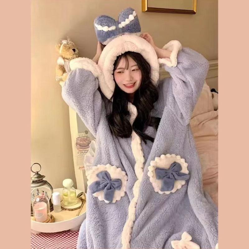엘사 공주 가을과 겨울 잠옷 여성용 산호 양털 나이트가운 플러스 벨벳 두꺼워진 귀여운 아우터 웨어 겨울 홈 의류 정장