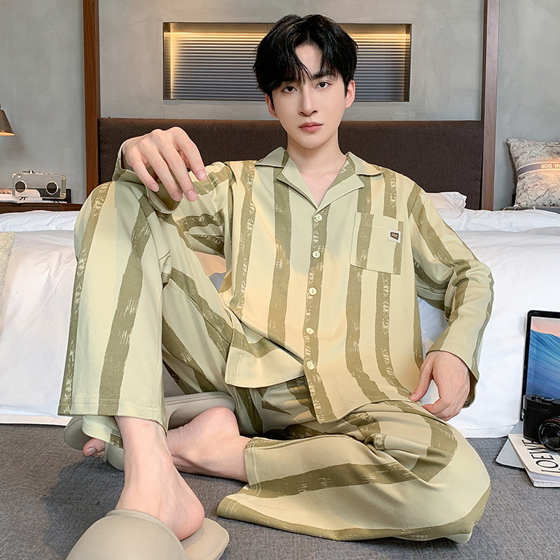 Pijama de primavera y otoño para hombres, camiseta de mangas largas, pantalones largos de tamaño grande que se pueden usar con ropa casera juvenil.