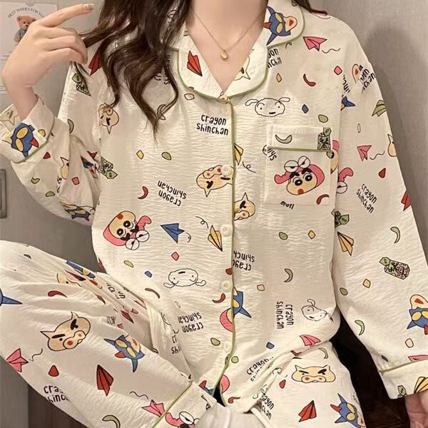可爱卡通蜡笔小新睡衣女春秋季长袖长裤套装甜美美少女休闲家居服|undefined