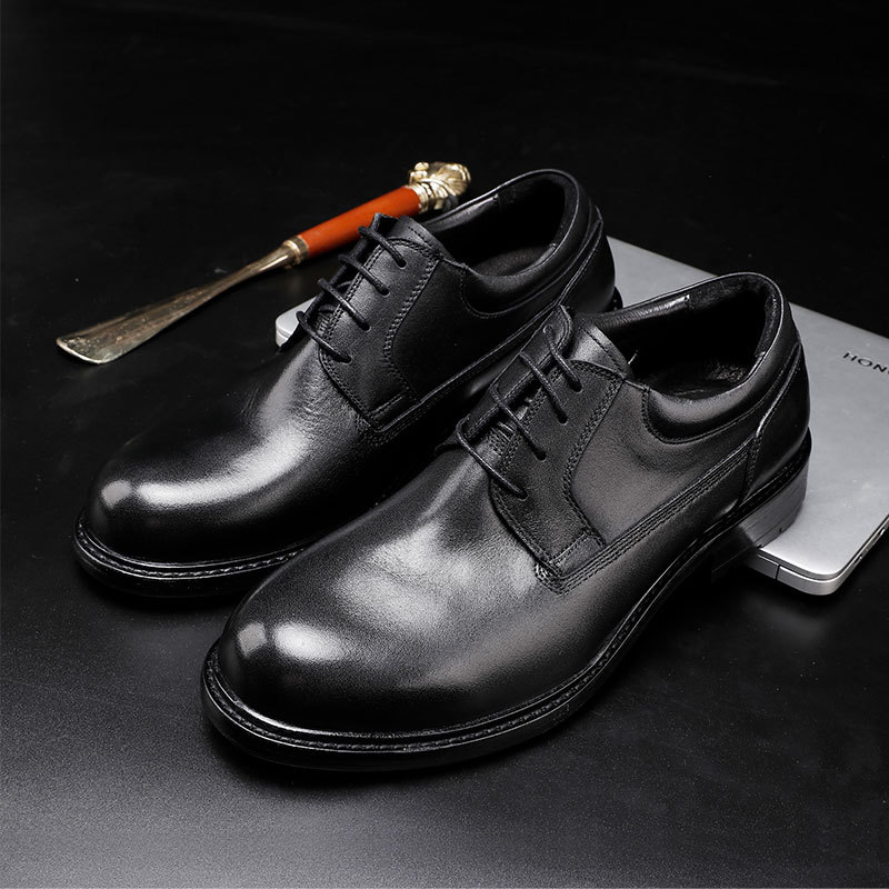Leather shoes Vintage handmade leather outsole shoes Black wedding shoes business right Men's shoes_vogvips.com