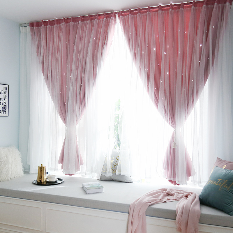 Gradiente estrella hueca de doble capa de cortina de Velcro instalación sin punzones tela de sombreado autoadhesiva entrega transfronteriza de una pieza