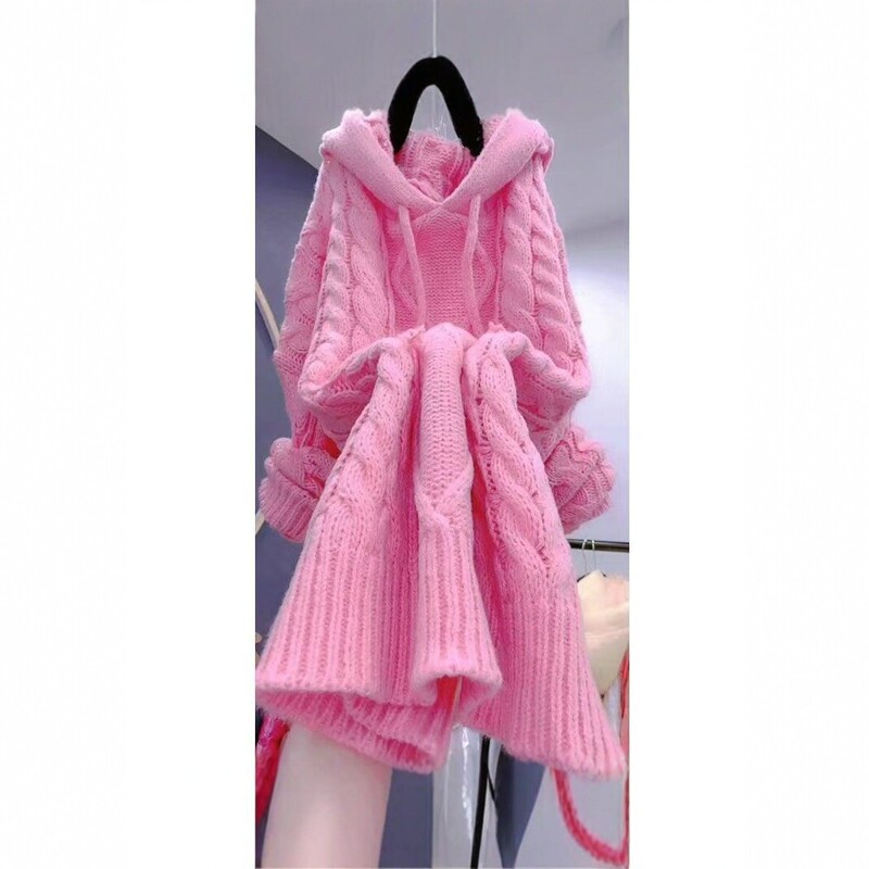 Honghe Knitting Factory Women's Hooded Cable Knit Dress, Loose and Casual Long Sweater Dress