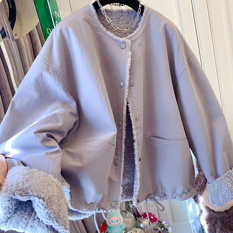 Korean Style Super Popular Lamb Wool Jacket for Women Autumn and Winter New Korean Style Loose Round Neck Polar Fleece Jacket Top