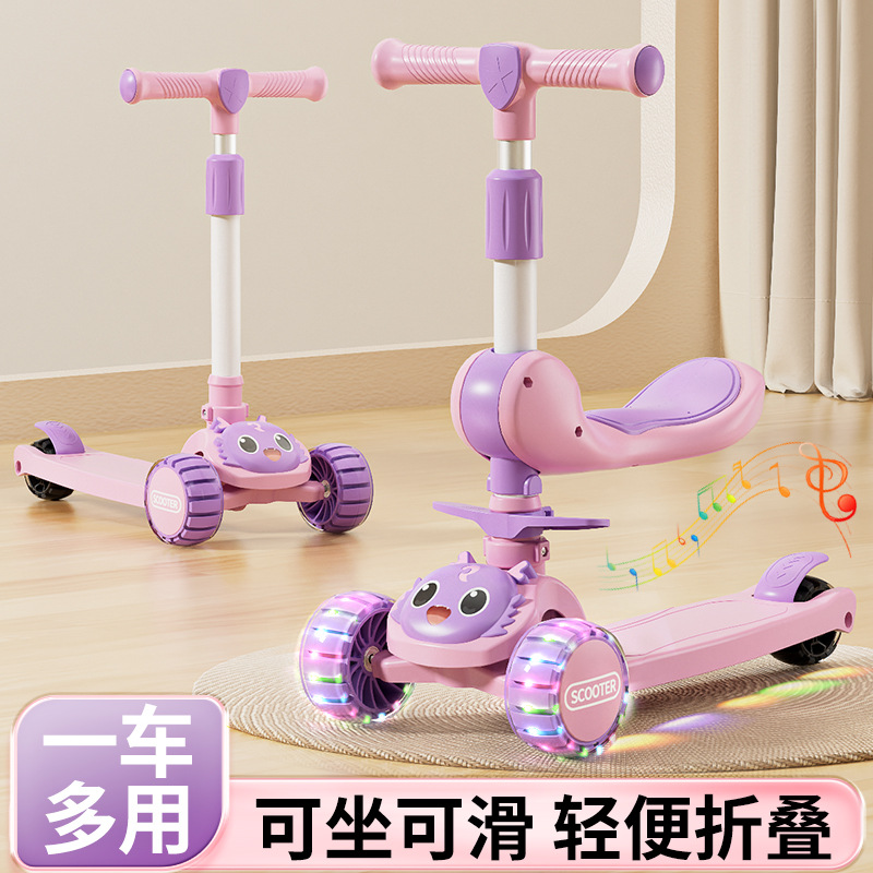 Scooter Plegable Infantil 3 en 1 con Asiento y Base Ensanchada de Plástico