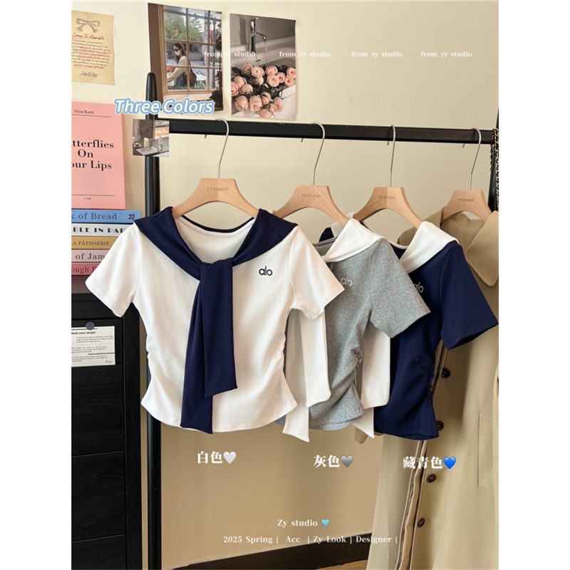 1*1 맞춤형 심플한 대비 색상 숄 레터링 반팔 티셔츠 여성용 신작 여름 슬림핏 캐주얼 탑