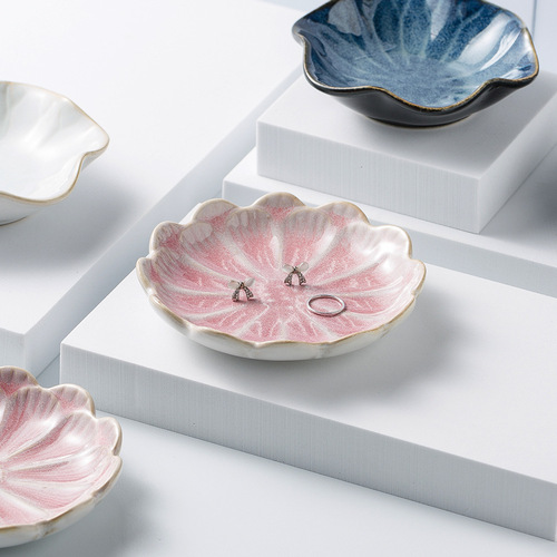 Nordic ins jewelry tray blue and pink storage tray household snack plate taste plate ceramic lotus jewelry display plate
