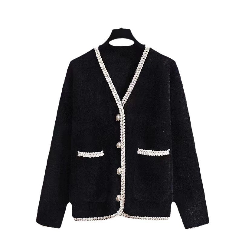 Вязаный кардиган (в стиле Chanel) V-образный бархатный свитер для подростков, западный стиль