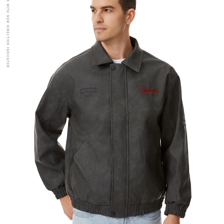2025 Autumn American Retro Jersey Style Embroidered Jacket Men's Spring and Autumn Leather Coat Turn-Down Collar Motorcycle Leather Jacket