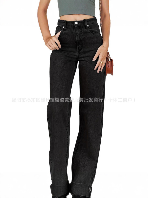 2025年亚马逊跨境新款欧美浅蓝色水洗女式弹力牛仔直筒阔腿长裤子|undefined