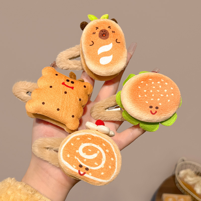 卡通趣味饼干汉堡毛绒发夹女侧边刘海碎发bb夹子头饰可爱发卡秋冬|undefined