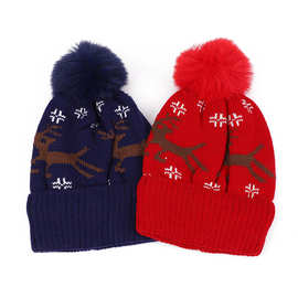 雪花鹿子提花圣诞帽子带球针织套头帽保暖防寒毛线骑士帽秋冬百搭