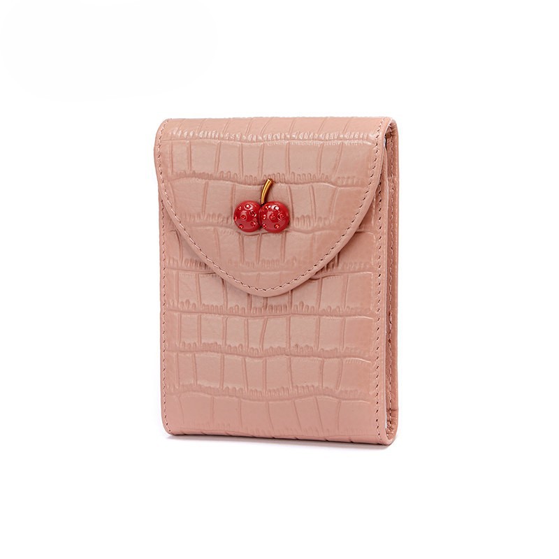 Genuine Leather Card Holder & ID Wallet for Women - New Cherry Design, Compact Vertical Cute Coin Purse & Short Wallet - Thumbnail 8