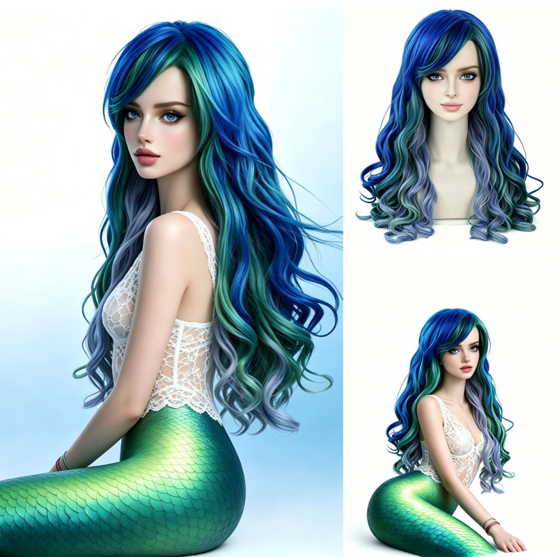 Cross-border blue-green gradient mermaid long curly wig, anime cosplay party styling headgear, available from the factory Cross-border blue-green gradient mermaid long curly wig, anime cosplay party styling headgear, available from the factory