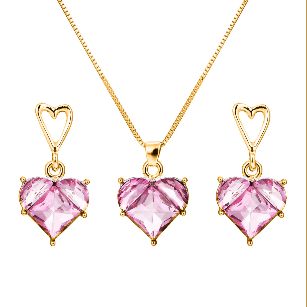 Novo conjunto de colar e brincos rosa com estampa de coração em tom pêssego para noivas._voghion.com