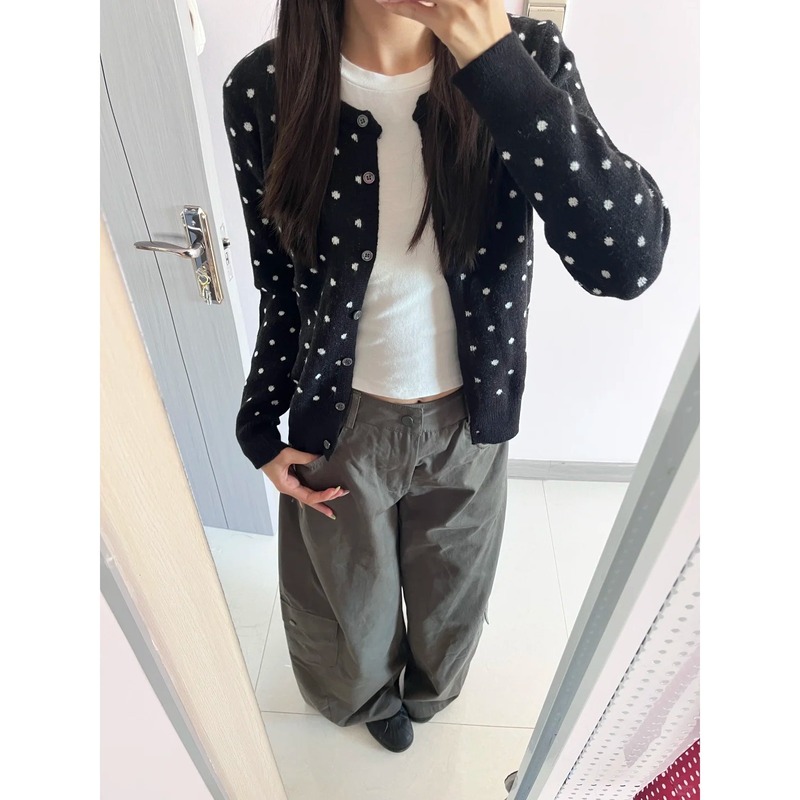 气质撞色波点针织开衫女春秋季小众慵懒风高级感毛衣纽扣外套上衣|undefined