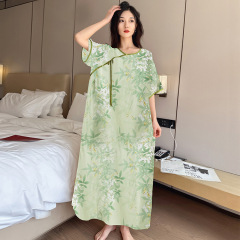 夏秋用ナイトガウン、大きいサイズの女性用プリント綿シルクパジャマ、ゆったりとした体型に合わせた中国風デザイン、通気性がありおしゃれで上品なデザイン