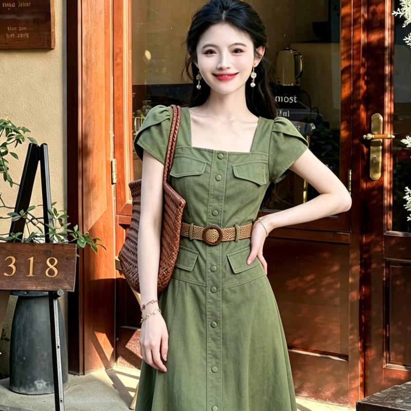 Highly Flattering and Slimming【Cold Brew Midsummer】Vintage Green Faux Denim Dress for Women, Summer Waist-Cinching Elegant A-Line Long Dress