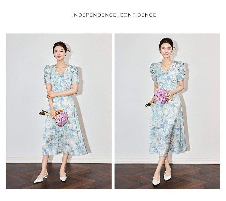 Đầm maxi nữ thắt eo chất liệu jacquard in họa tiết cao cấp — Màu xanh lam chi tiết 8