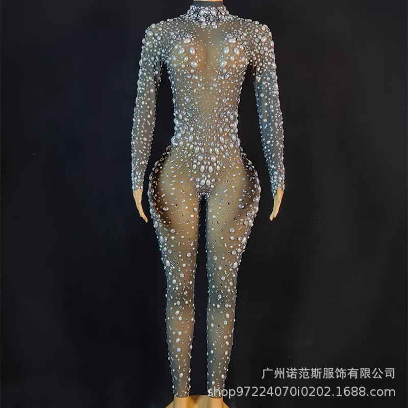 Novance rhinestone perla rendimiento actividad jumpsuit nuevo mono mujeres Club party bar image 6