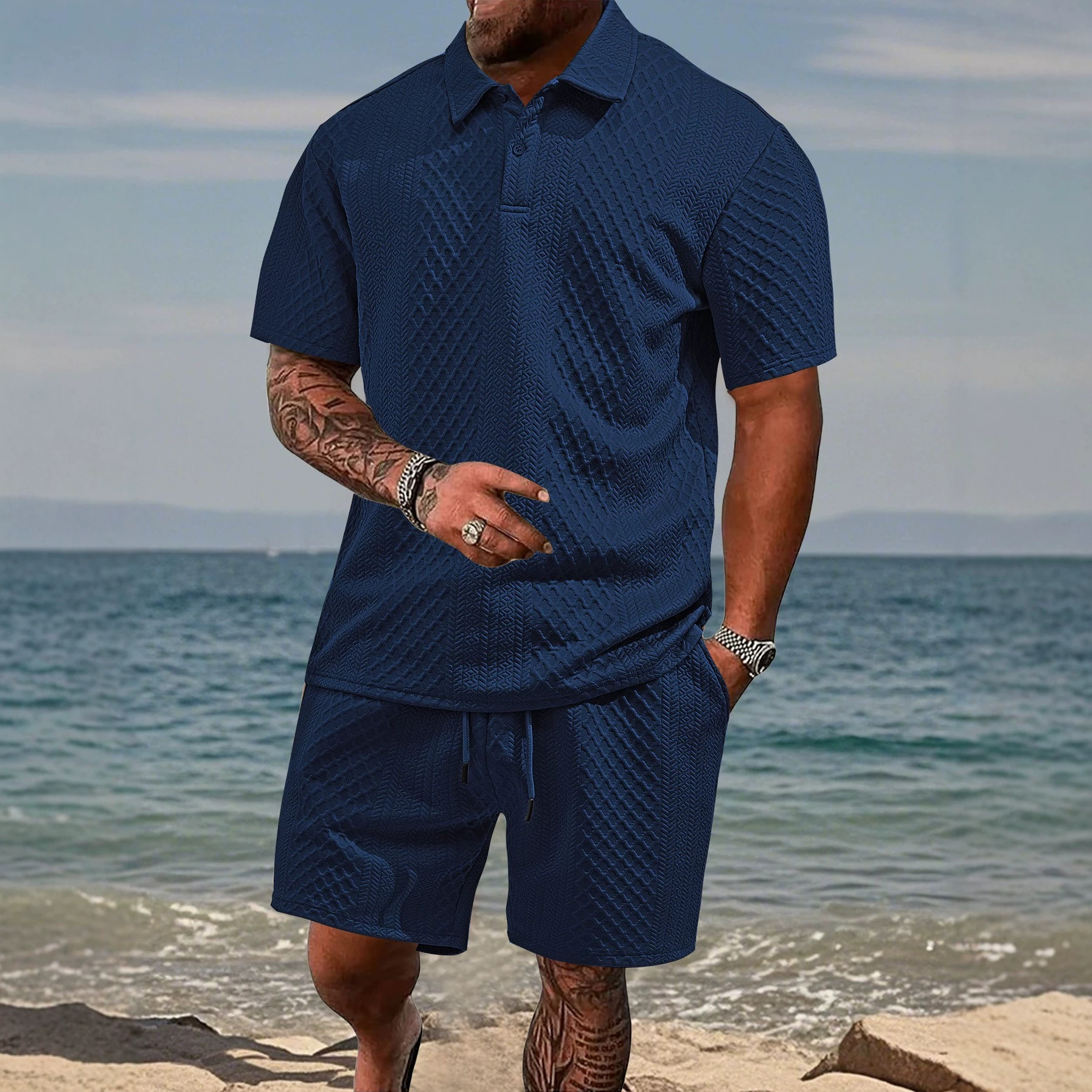 Ropa de hombre transfronteriza europea y americana estilo fino de verano suelto transpirable casual color sólido jacquard solapa camisa polo de hombre de manga corta