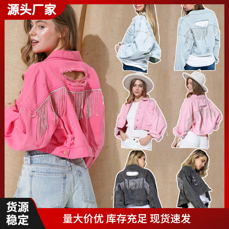23 Amazon Foreign Trade New Denim Jacket Spring and Autumn Rhinestone Tassel Long Sleeve Rose Red Denim Jacket Factory