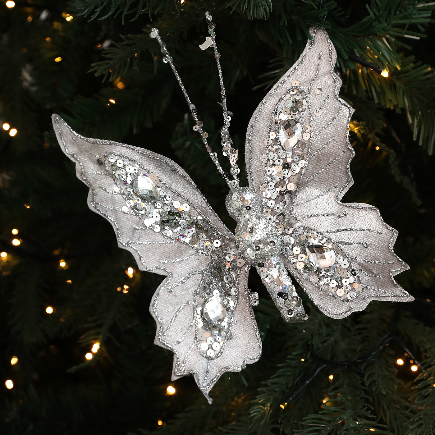 Nuevos productos de simulación de color polvo brillante sequinado clip mariposa árbol de Navidad polvo perla clip decoración colgante