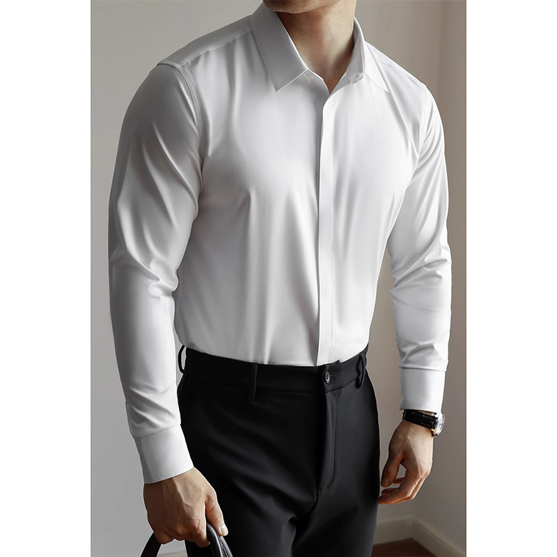 고품질 노 아이언 다크 플래킷 남성 셔츠 솔리드 컬러 이지 케어 비즈니스 긴팔 정장 통근 셔츠 봄 여름