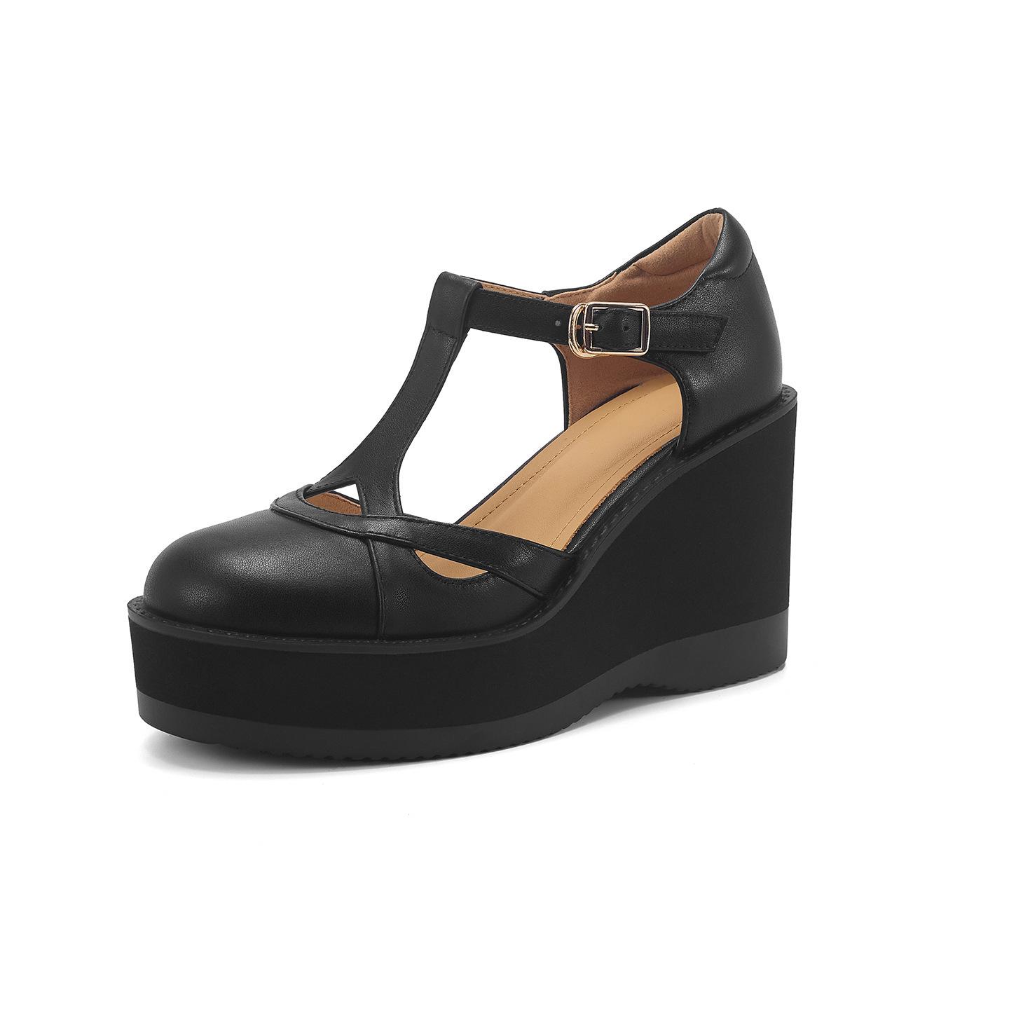 Sandal cao gót nữ quai ngang khóa T, đế dày platform, gót 9.5 cm — đen chi tiết 13