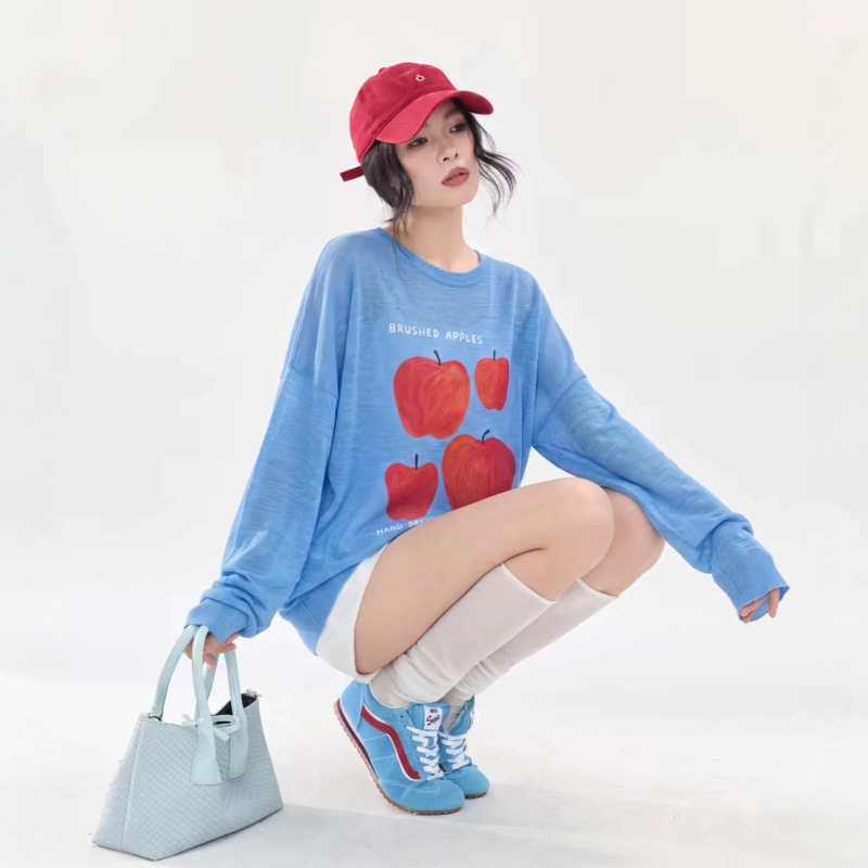 Blue Apple Print Long Sleeve Knit T-Shirt for Women, Loose Korean Style Dopamine Light Thin Pullover Top Blue Apple Print Long Sleeve Knit T-Shirt for Women, Loose Korean Style Dopamine Light Thin Pullover Top