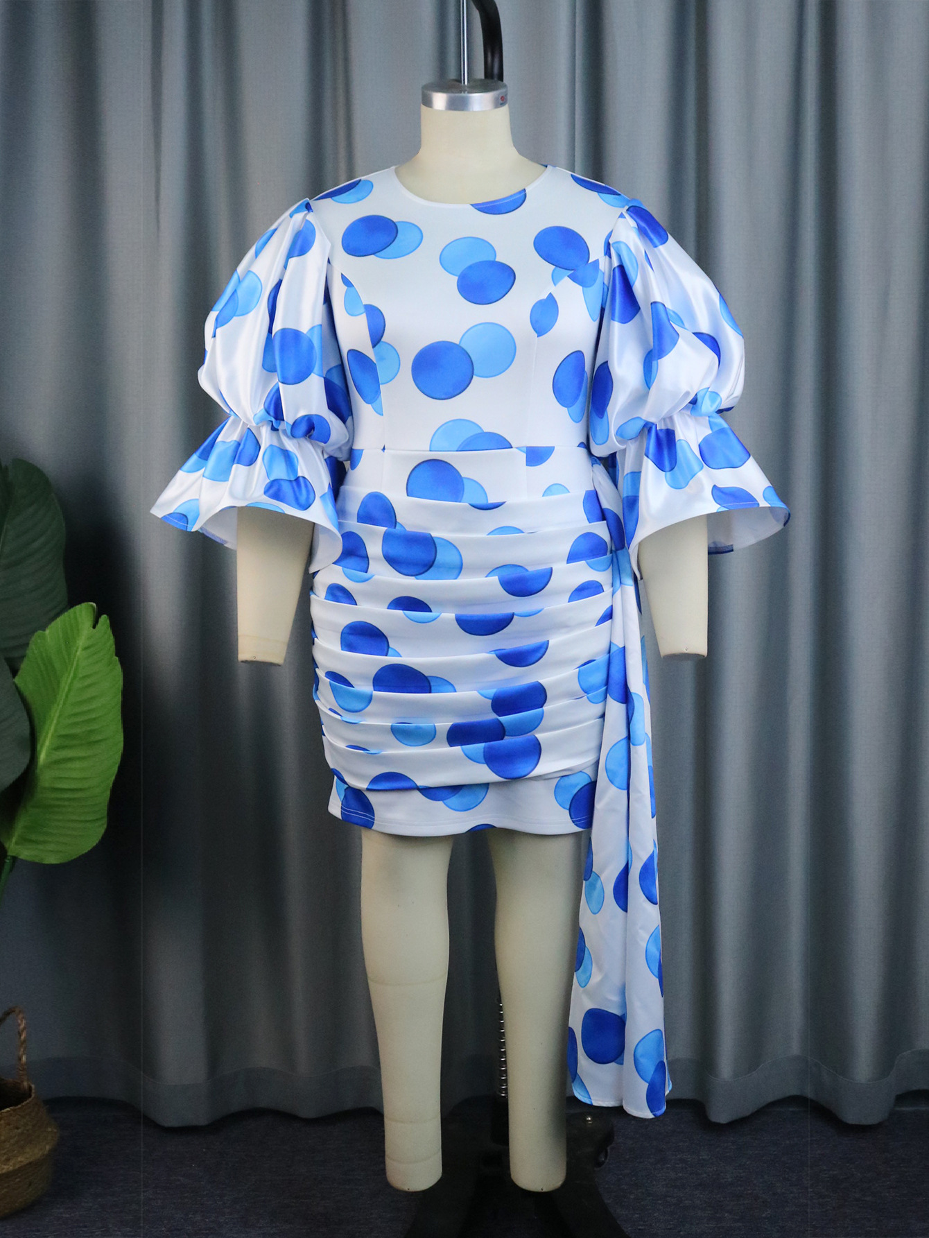 Casual Round Neck Flared Sleeves Dress Polka Dot Ribbon Pleated Hip Dresses 6 Casual Round Neck Flared Sleeves Dress Polka Dot Ribbon Pleated Hip Dresses