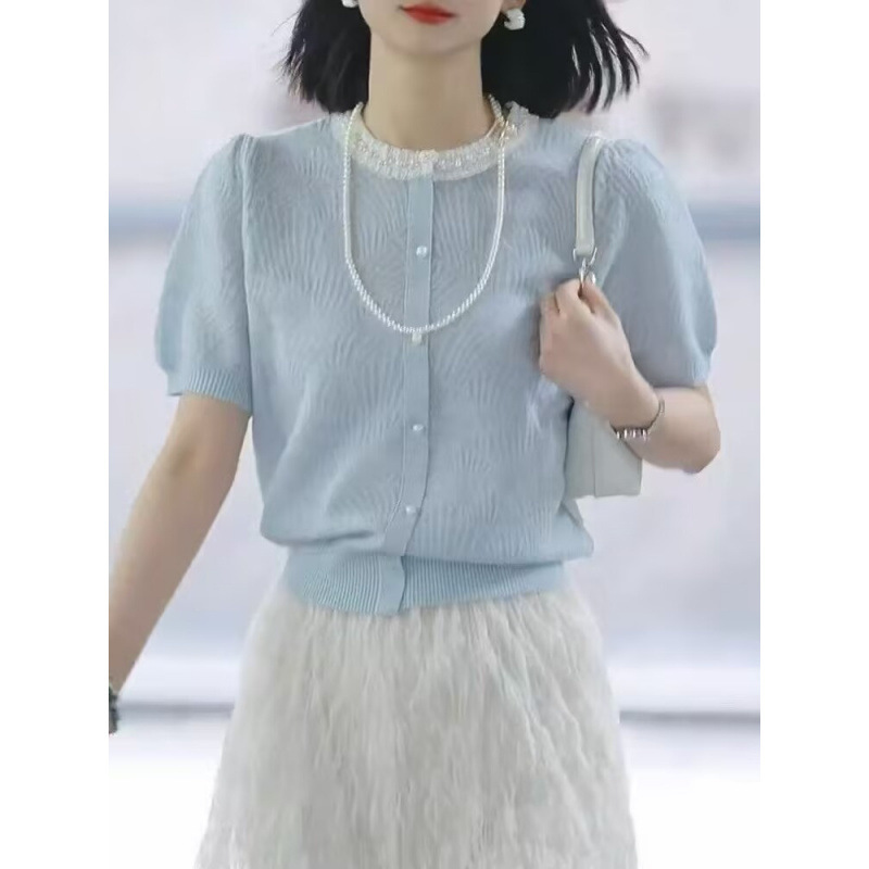 青いレースの端の薄い半袖のニットの女性2025新型の夏はとてもきれいで独特で美しい短い上着です。|undefined
