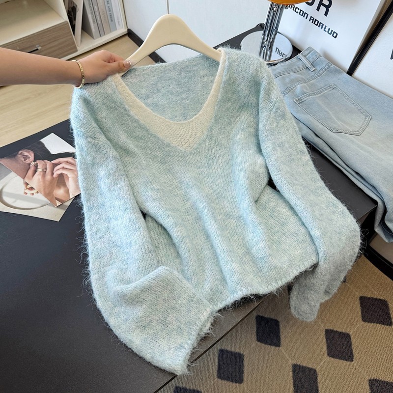 撞色V领长袖软糯毛衣女秋冬新款假两件上衣慵懒风宽松显瘦针织衫|undefined