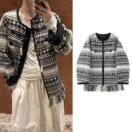 高版本定~制IC25秋冬新款简约百搭提花流苏外套圆领休闲宽松上衣