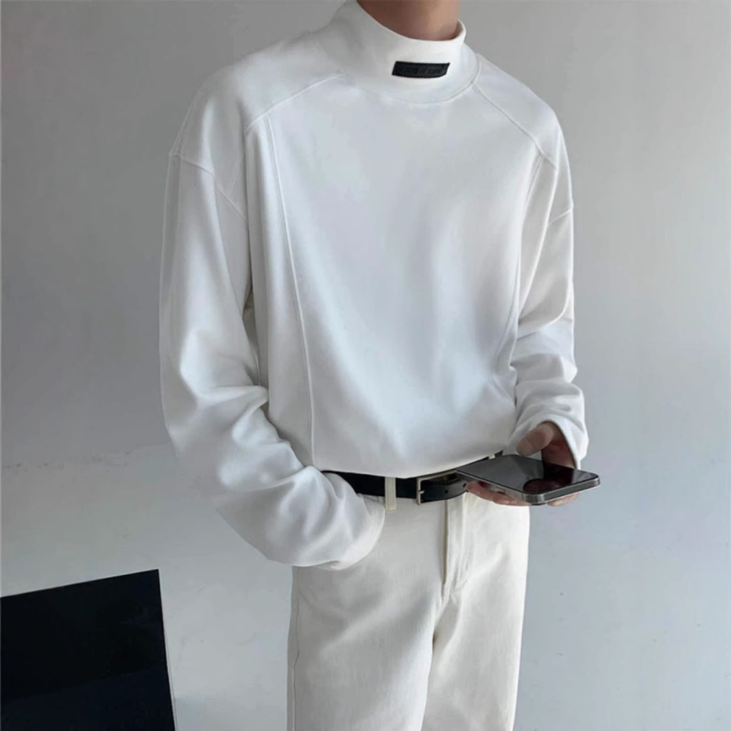 가을과 겨울 따뜻한 양면 벨벳 하프 하이 칼라베이스 셔츠 남성용 단색 올 매치 긴 소매 티셔츠 올 매치 가을 탑