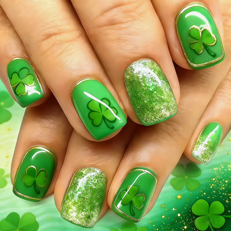 Short Square Nails 2026 St. Patrick's Day Green Clover Nail Art Glitter Simple 24-Piece Fake Nails Short Square Nails 2026 St. Patrick's Day Green Clover Nail Art Glitter Simple 24-Piece Fake Nails