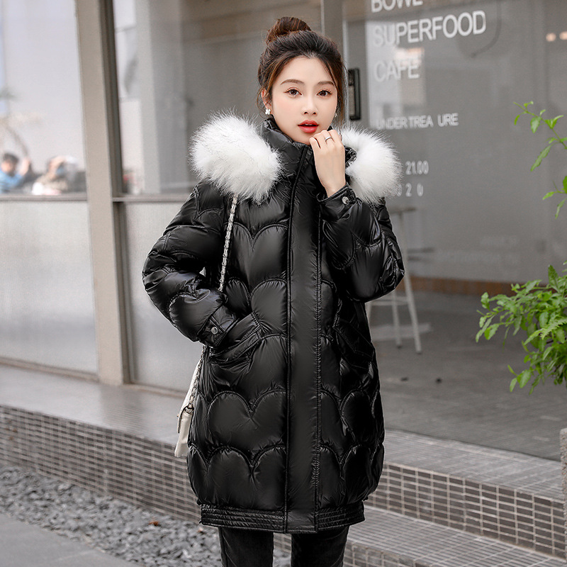 2024 invierno nuevo algodón mujer calentamiento coreano suelto sin lavado cara brillante plumón chaqueta de invierno media larga