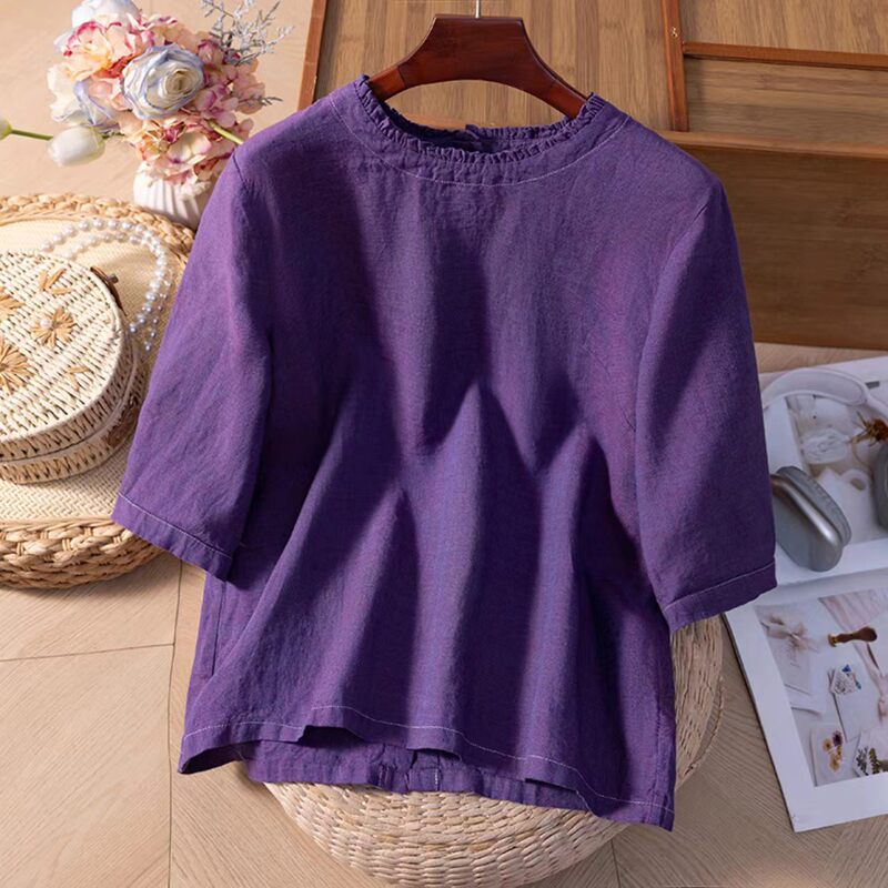 Spring and Summer New Style Cool Cotton and Linen Long-Sleeve Top with Ruffled Edges, Artistic Retro Loose T-Shirt, Purple Blouse