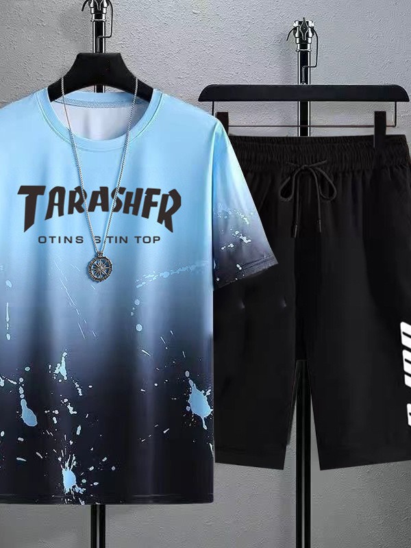 New Quick-Drying Ice Silk Gradient Suit Men's Short-Sleeved T-Shirt Summer Casual Shorts Sports Two-Piece Set Handsome Men's Clothing