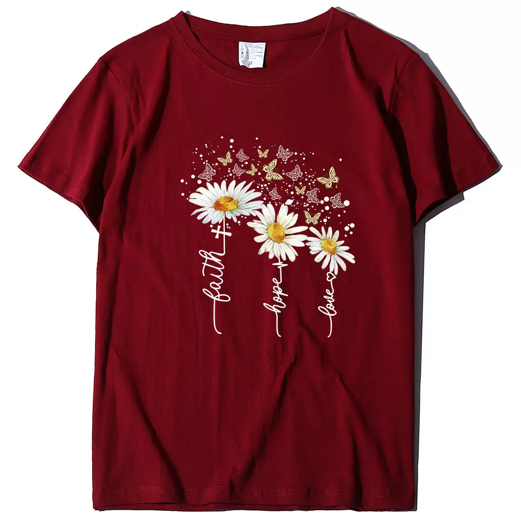 跨境蝴蝶菊花印花休闲T恤新款夏季短袖女2023欧美外贸上衣女圆领