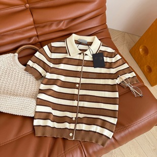 Nanyou High-Quality Contrasting Stripesd Small Logo Embroidered Lapel Short-Sleeved Elegant White Knitted Top for Women 25 Spring and Summer