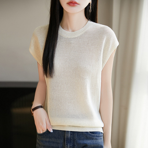 Women's Solid Color Thin Ice Silk Crew Neck Knit Backless Top for Spring and Summer