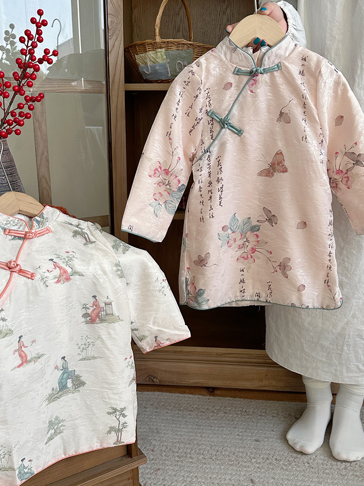 ¡Oferta especial de ropa de primavera para niñas 2025! Gran descuento, un botón renovado] Nuevo estilo chino Chica Cheongsam falda ropa Han